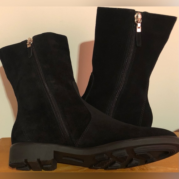 Talbots Hopy Boots Black Leather Suede Round Toe Block Heel 8B Made in Brazil - Picture 2 of 6